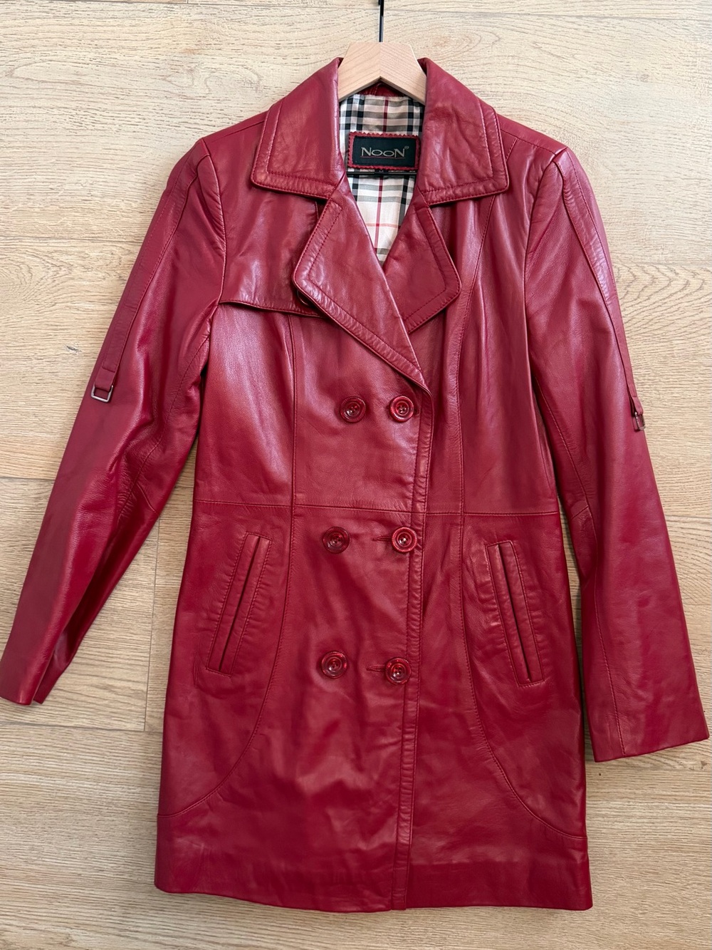 Women's Red Leather Double-Breasted Coat